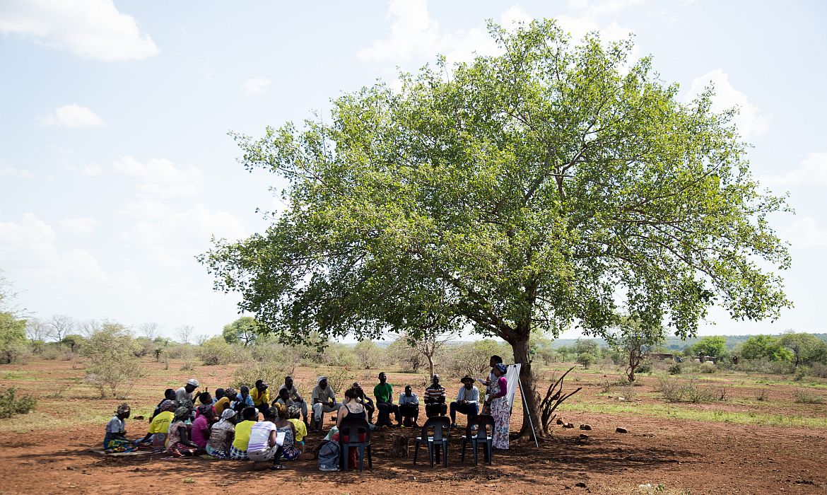 Community engagement with people living close to wildlife is vital. A community meeting in Mangalane, Mozambique